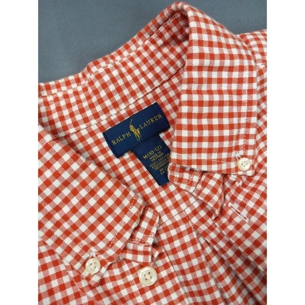 Ralph Lauren Kids Orange Gingham Button Down Shirt Size M 10-12 Cotton Pony Logo